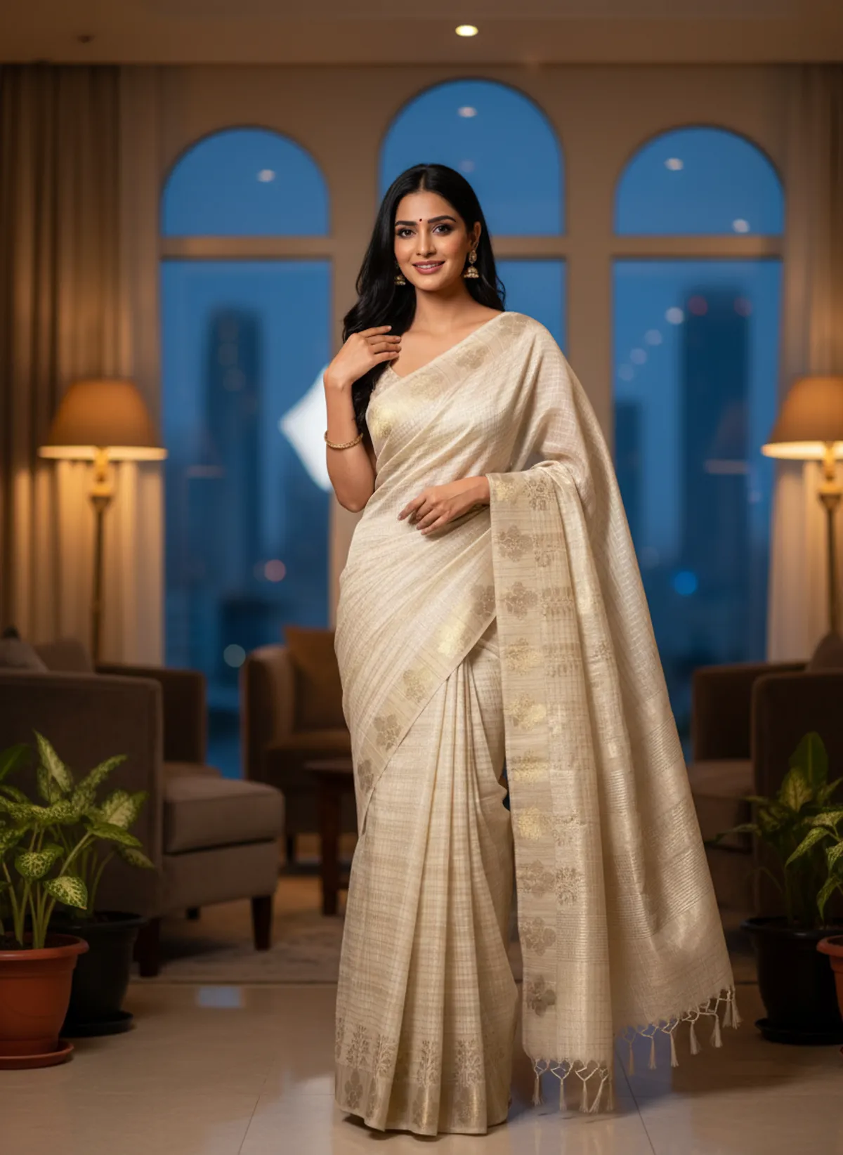 Cream Banarasi Premium Khadi Silk Saree Authentic Indian Silk